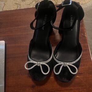 Lane Bryant 10W Black Chunky Velvet Women's Hells W/rhinestone Bow festive sexy